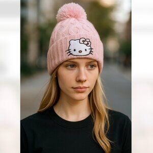 NIB NWT Hello Kitty Pink and White Two PCS Beanie Set Pom Pom Cozy
